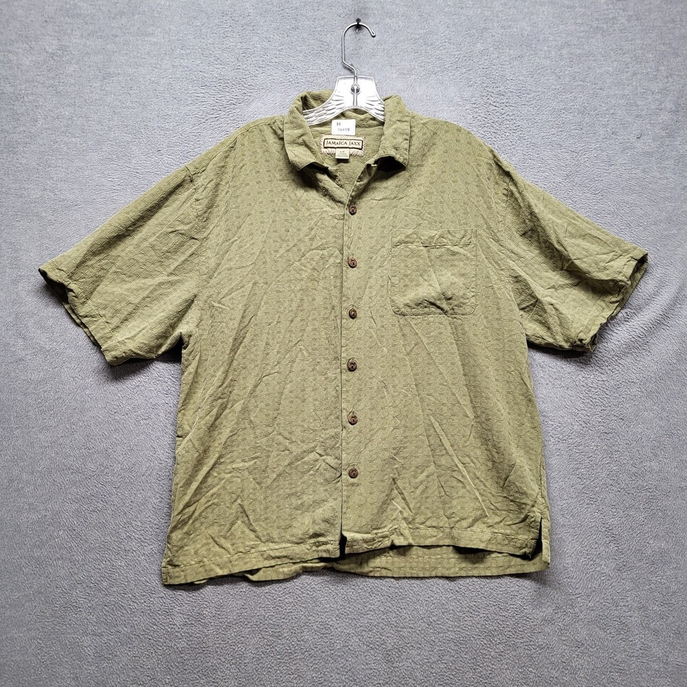 Jamaica Jaxx Men Button Up Shirt L Olive Silk Geometric Short Sleeve